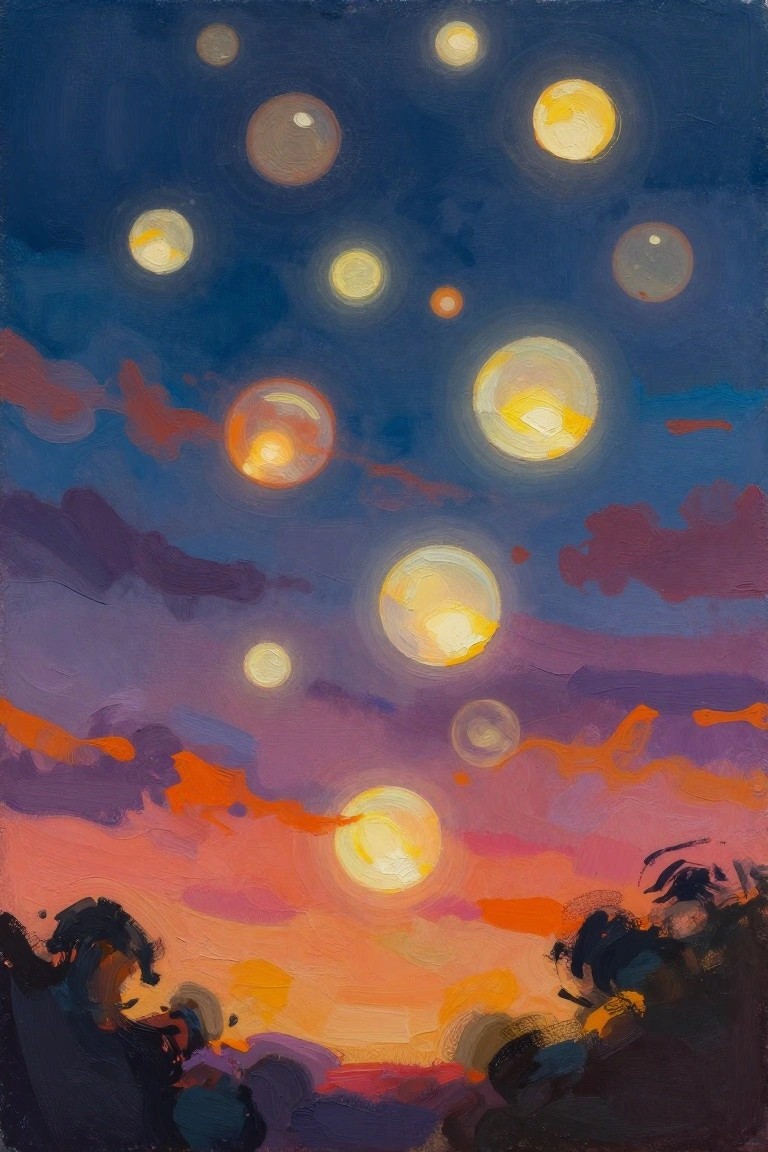 A painting of a dark blue sky filled with various sized glowing yellow orbs above a colorful orange and purple horizon with abstract shapes at the bottom.
