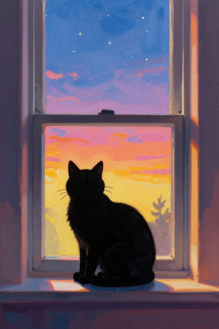 Black cat silhouetted on windowsill against vibrant orange-pink sunset sky.