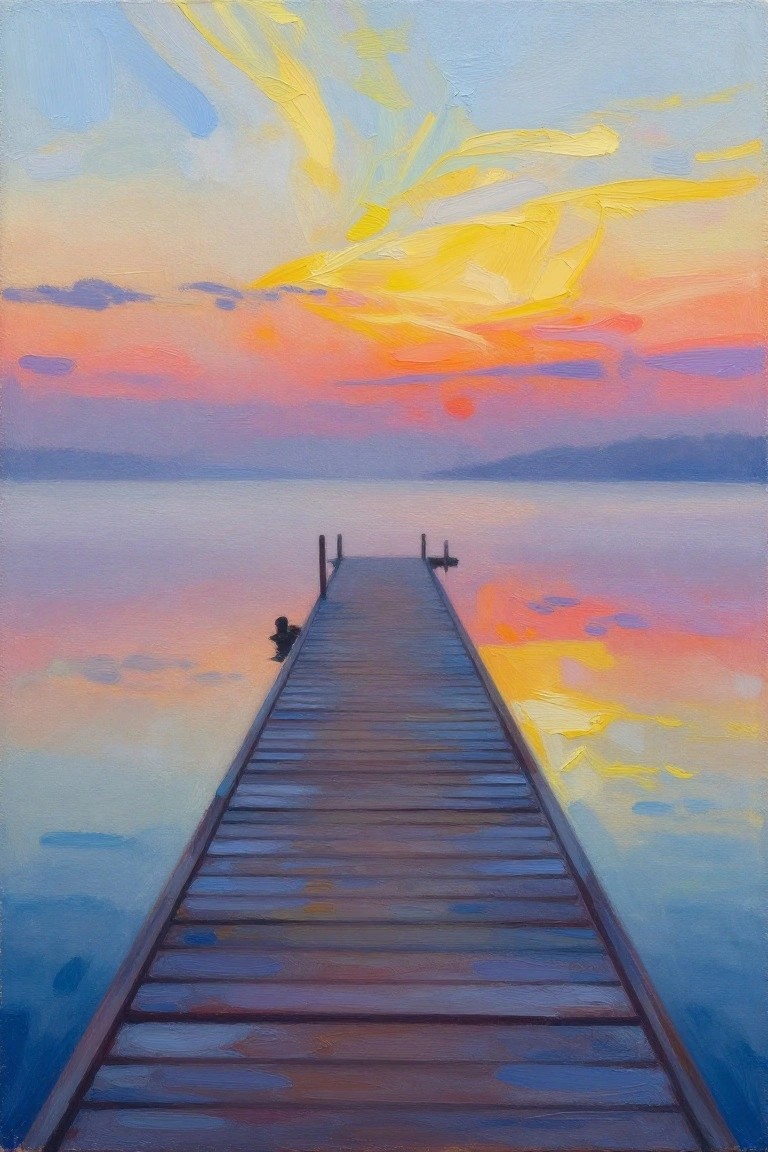 Wooden dock stretches into calm waters under vibrant yellow-orange-pink sunset sky