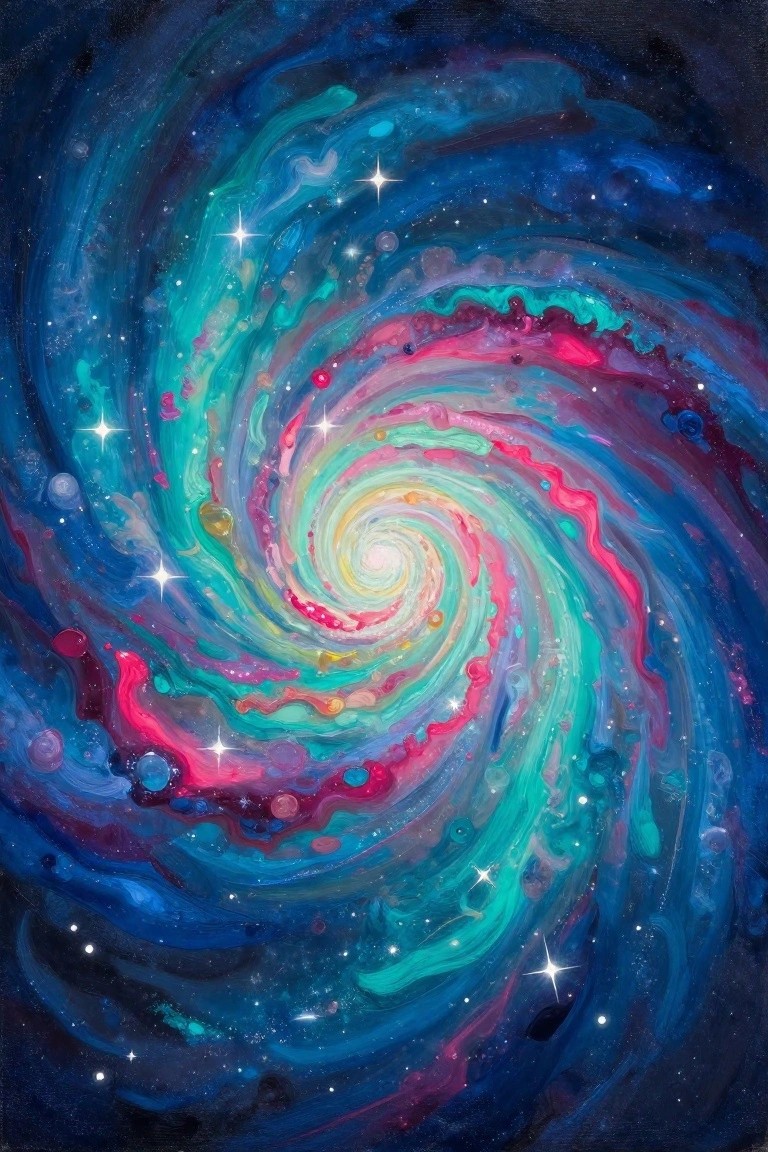 Vibrant swirling spiral galaxy in blues, pinks, and greens with twinkling stars