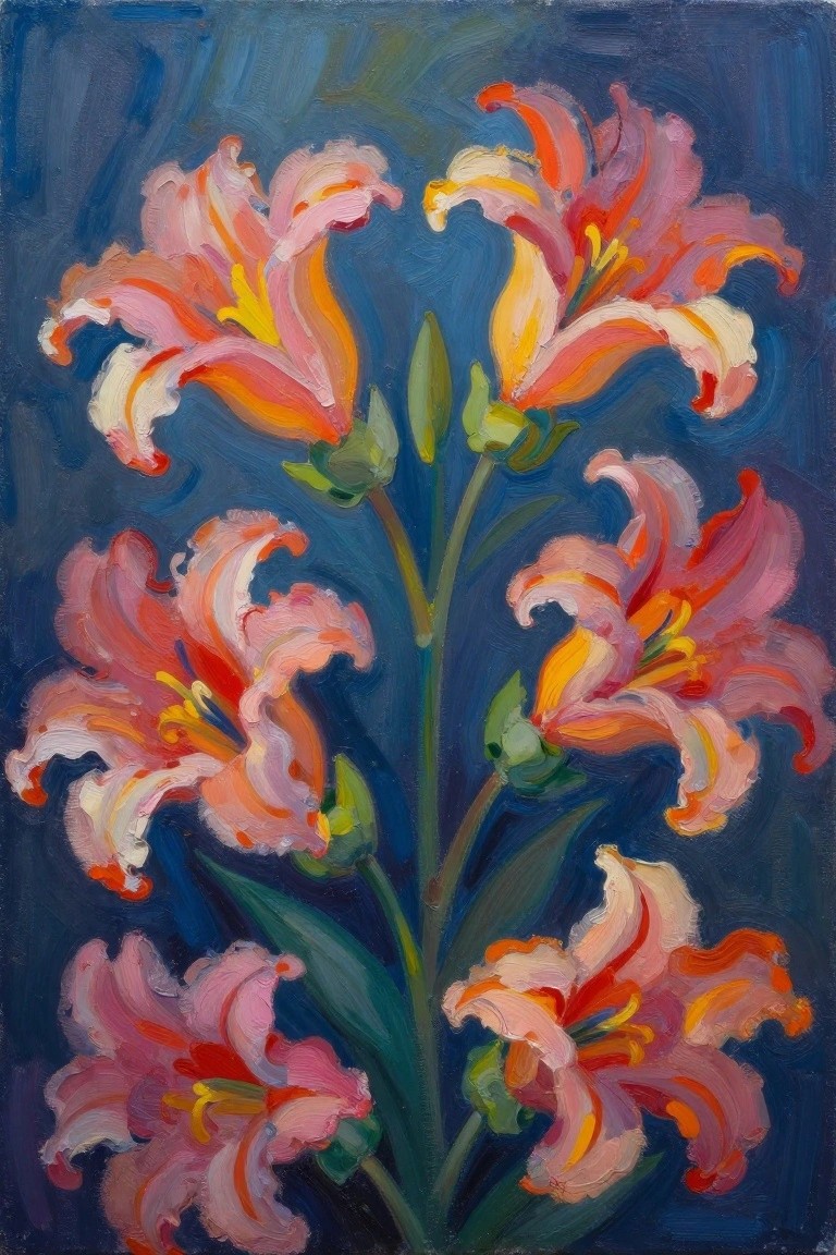 A painting of several orange and pink lilies with yellow centers on green stems against a dark blue background.