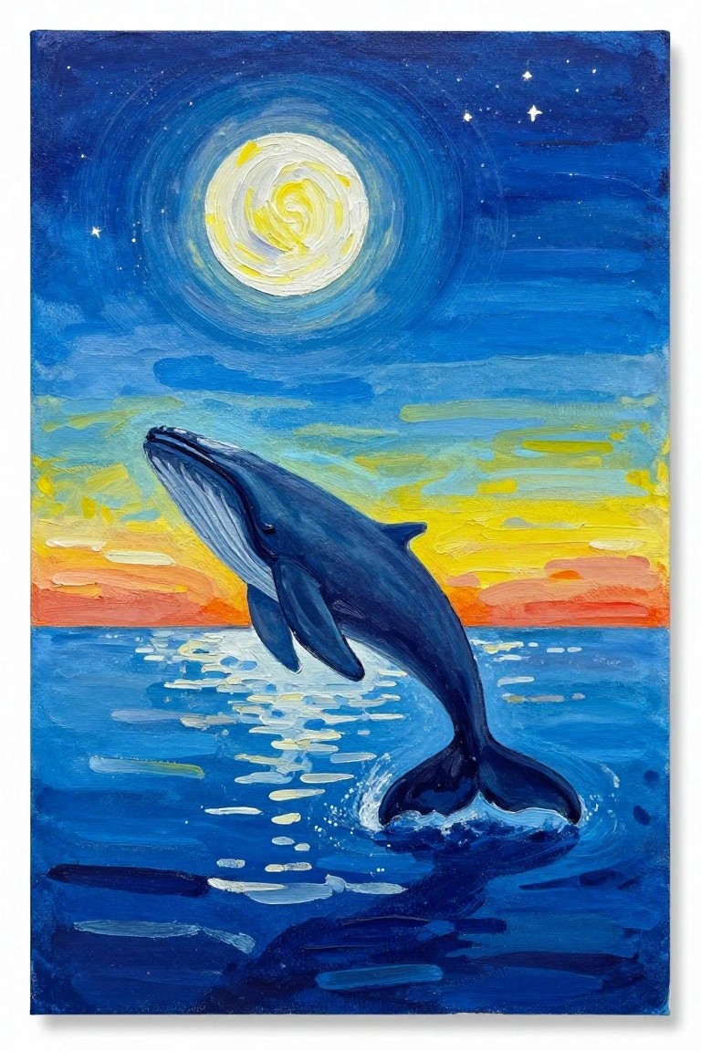 Oil painting of breaching whale in moonlit ocean under colorful sunset sky