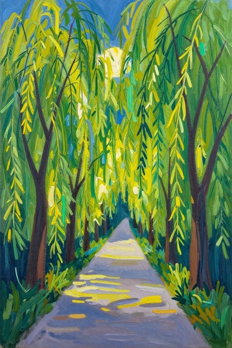 Vivid painting of sunlit path lined with green and yellow weeping willow trees.
