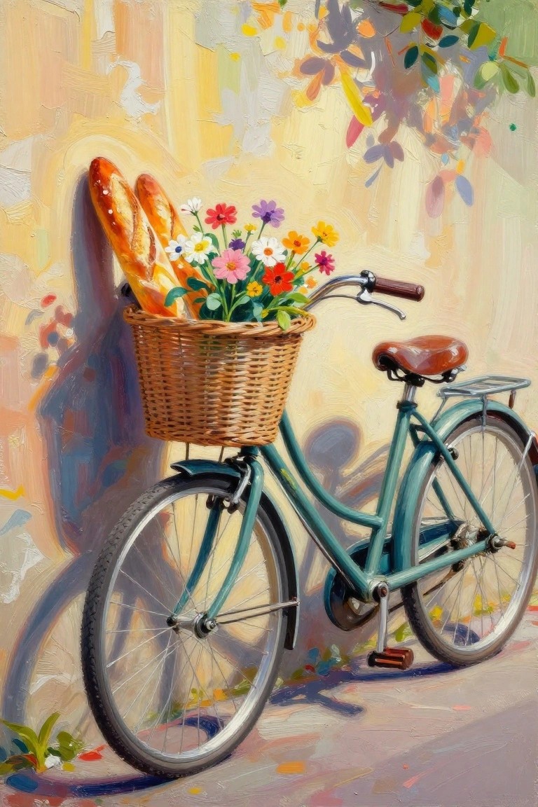 Teal bicycle with basket of baguettes and wildflowers against colorful wall