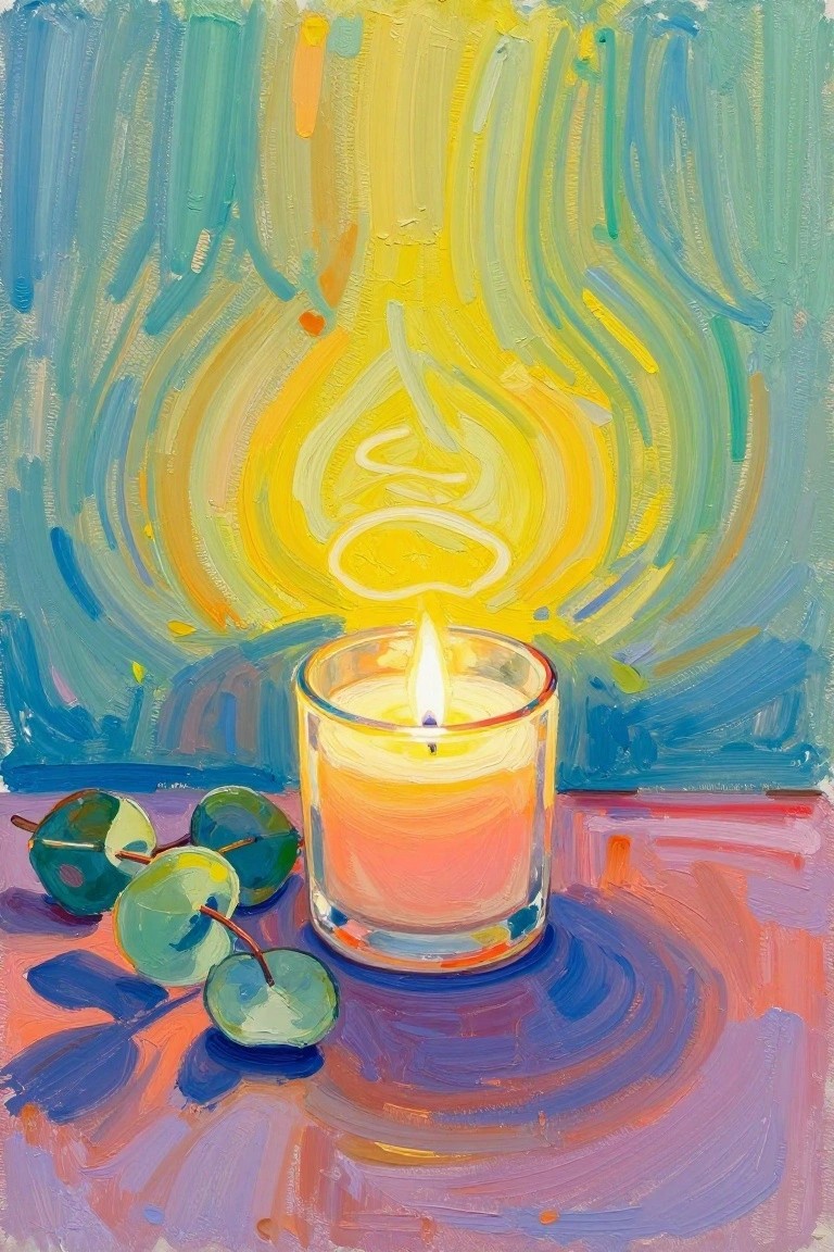 A painting of a lit candle in a glass jar beside several small green fruits on a pink and purple surface with a bright yellow and blue swirled background.