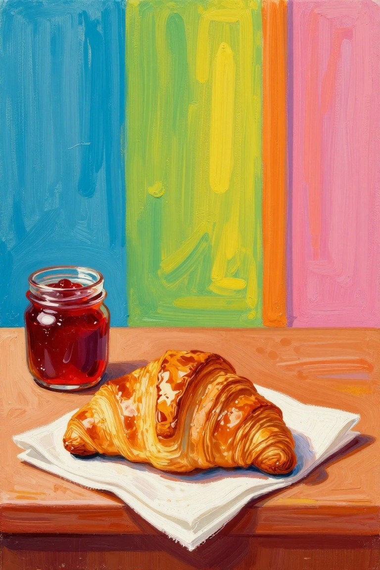 Golden croissant on napkin beside jam jar on wooden table with colorful striped wall.