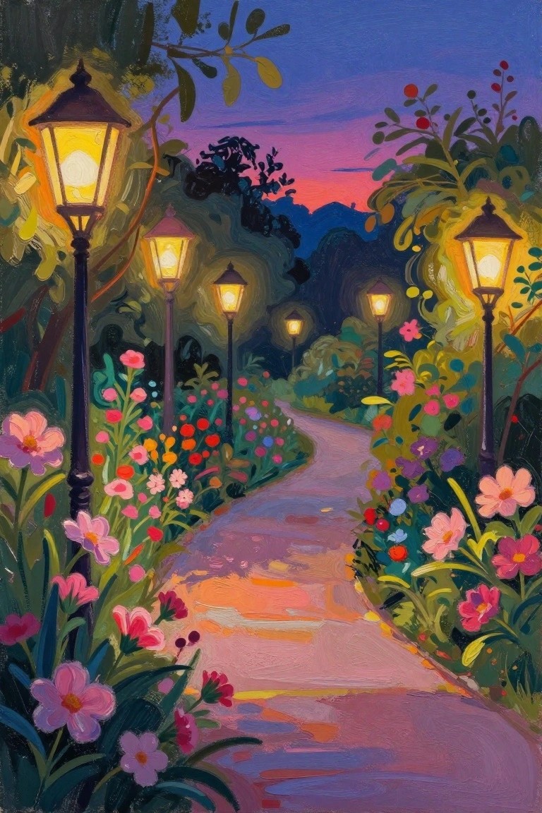 A colorful painting of a winding path through flowers and glowing lanterns under a purple sunset sky.