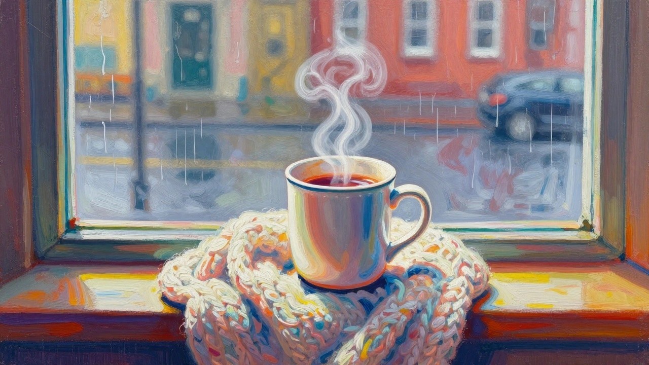 Steaming mug of tea beside orange knitted scarf on rainy city windowsill
