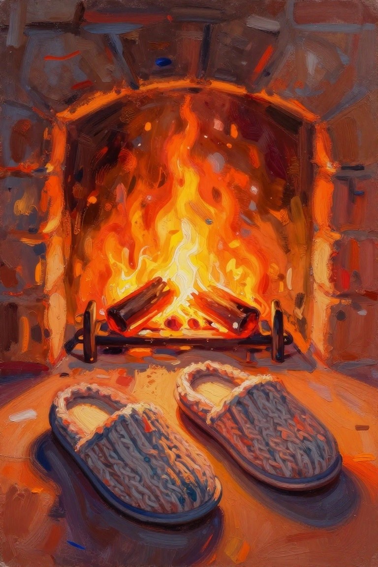 Knitted slippers rest before a roaring fire in a stone fireplace