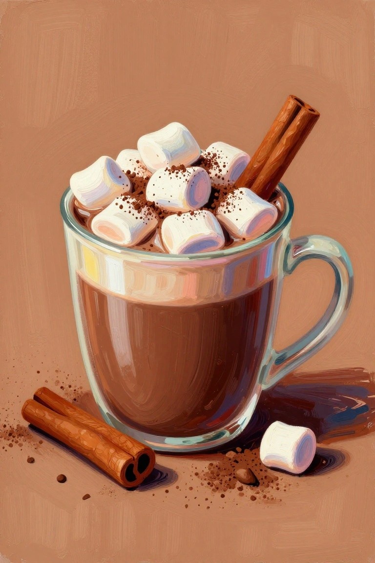 A glass mug of hot chocolate topped with marshmallows and a cinnamon stick, with two more cinnamon sticks and one marshmallow resting on the surface beside it.