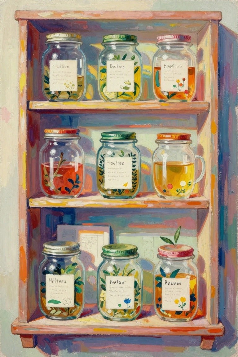 A painting of a wooden cabinet with three shelves holding nine glass jars filled with colorful liquids and labeled with names and plant drawings.