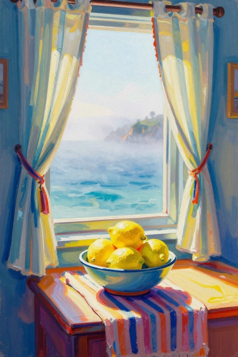 A painting of a blue bowl of yellow lemons on a striped cloth on a windowsill, with curtains tied back to show a view of the ocean and distant cliffs.