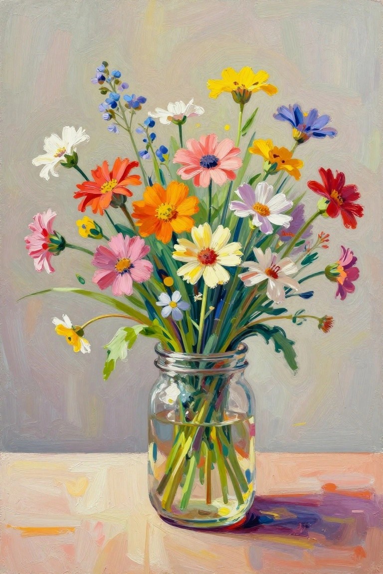 A painting of a colorful bouquet of various flowers in a glass mason jar filled with water, placed on a light surface against a plain background.