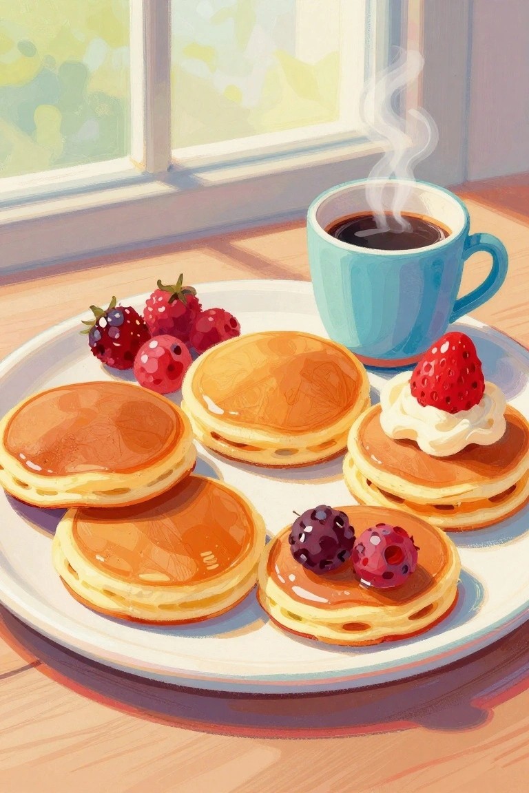 Plate of pancakes with berries and cream beside steaming blue coffee cup by window