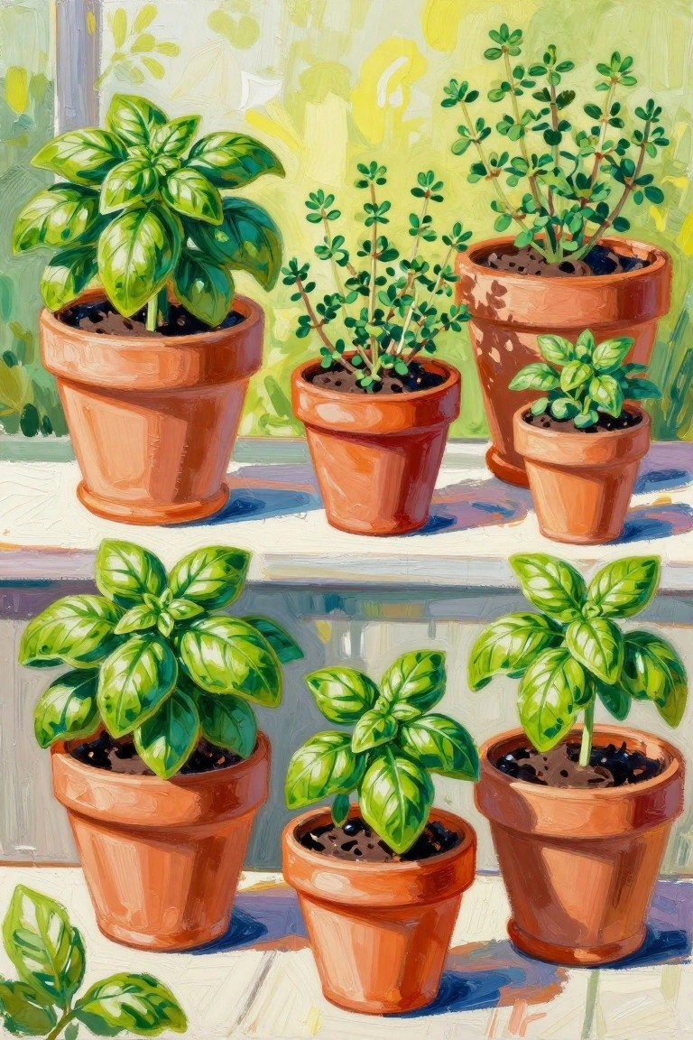 Terracotta pots of basil and herbs on sunlit windowsills in vibrant painting style
