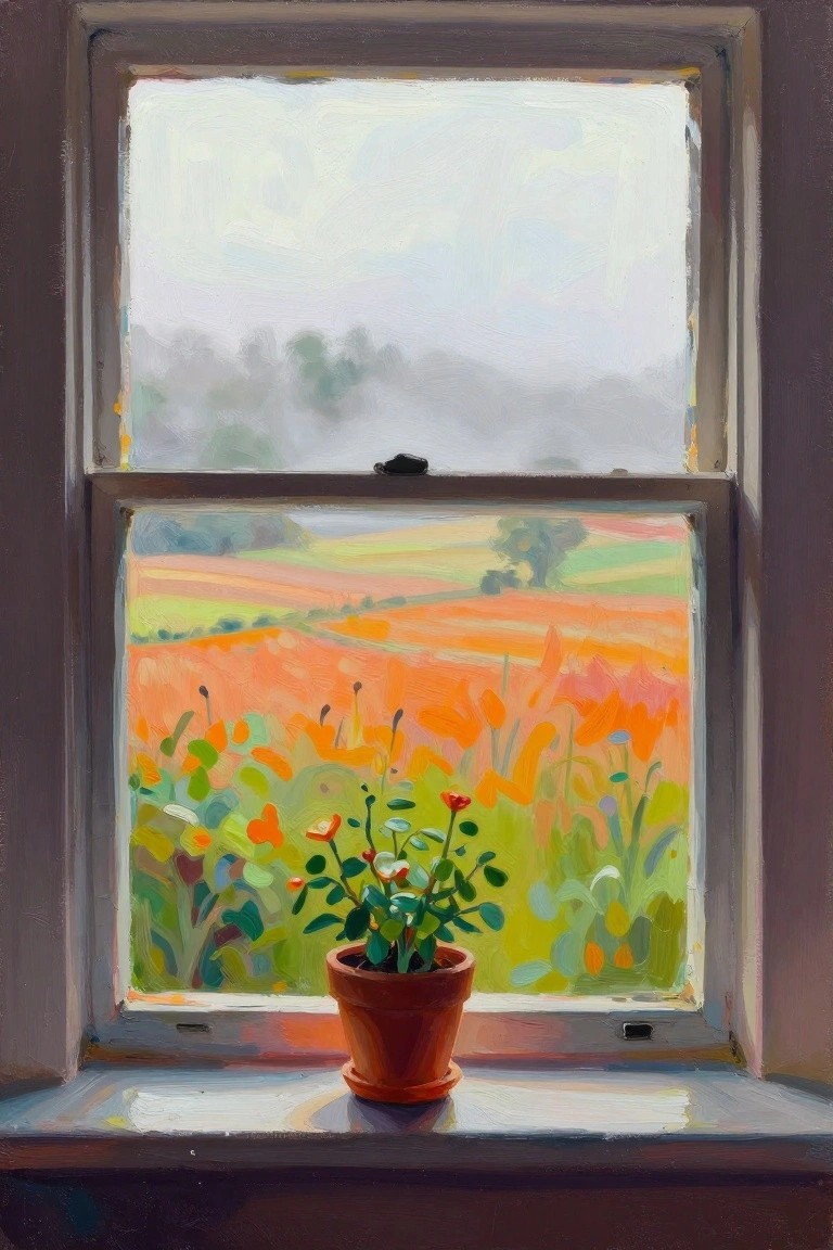 Potted plant on windowsill overlooking vibrant orange poppy field painting