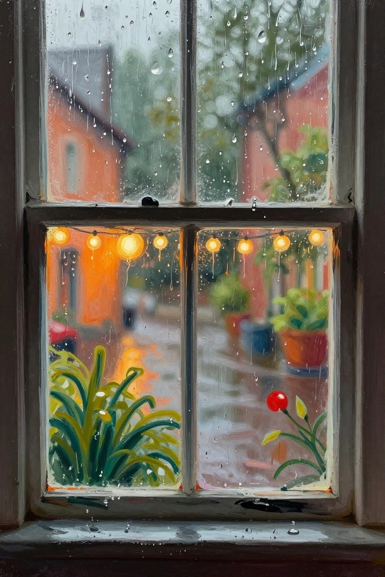 A painting shows a window with raindrops on the glass, string lights glowing across the panes, and potted plants outside on a wet surface.