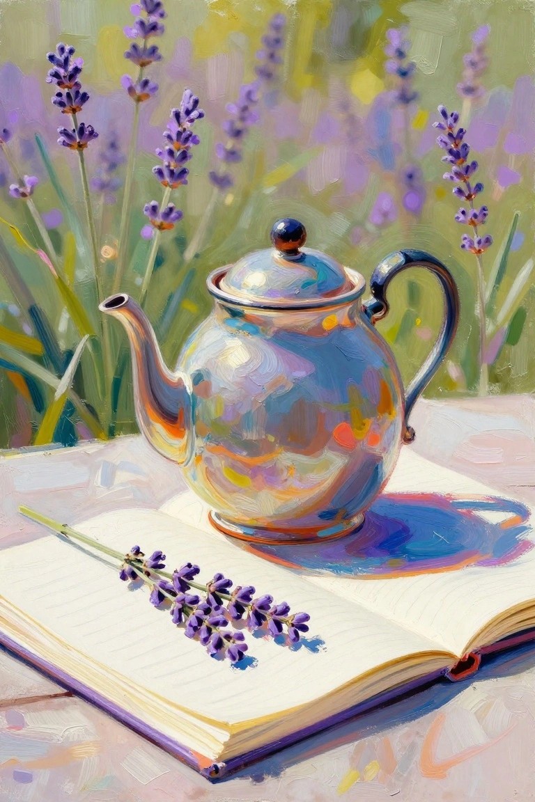 Colorful iridescent teapot on open book with lavender sprig in flower field