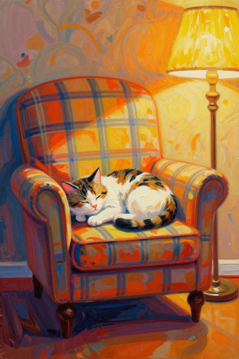 Calico cat sleeping on plaid armchair beside glowing yellow floor lamp