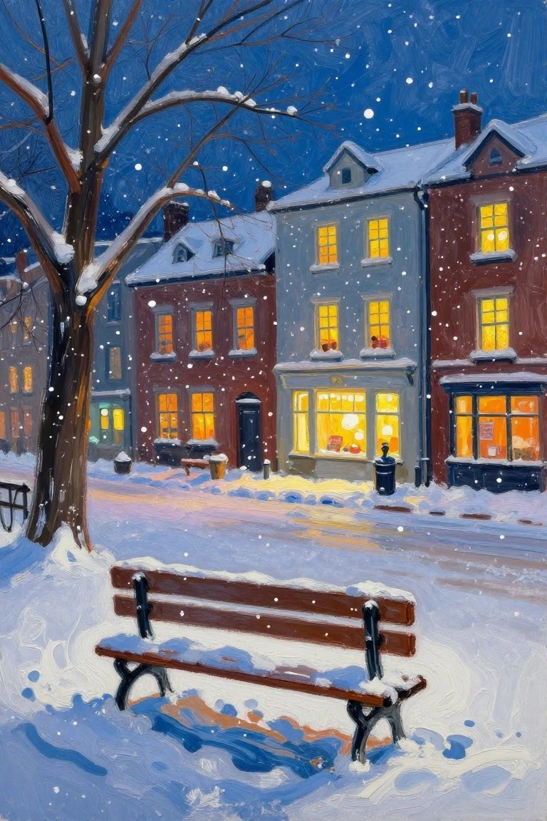 Snow-covered bench on a snowy night street with glowing windows and falling snowflakes
