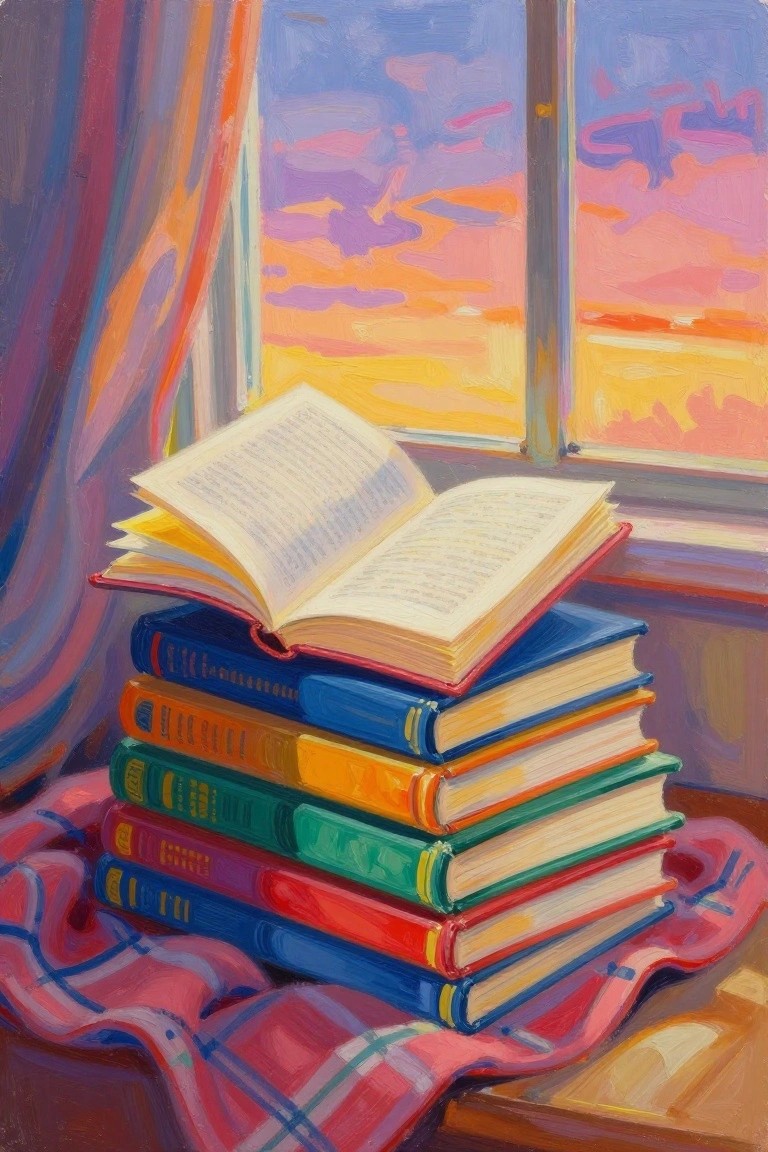 Colorful stack of books with open volume on plaid cloth near sunset window