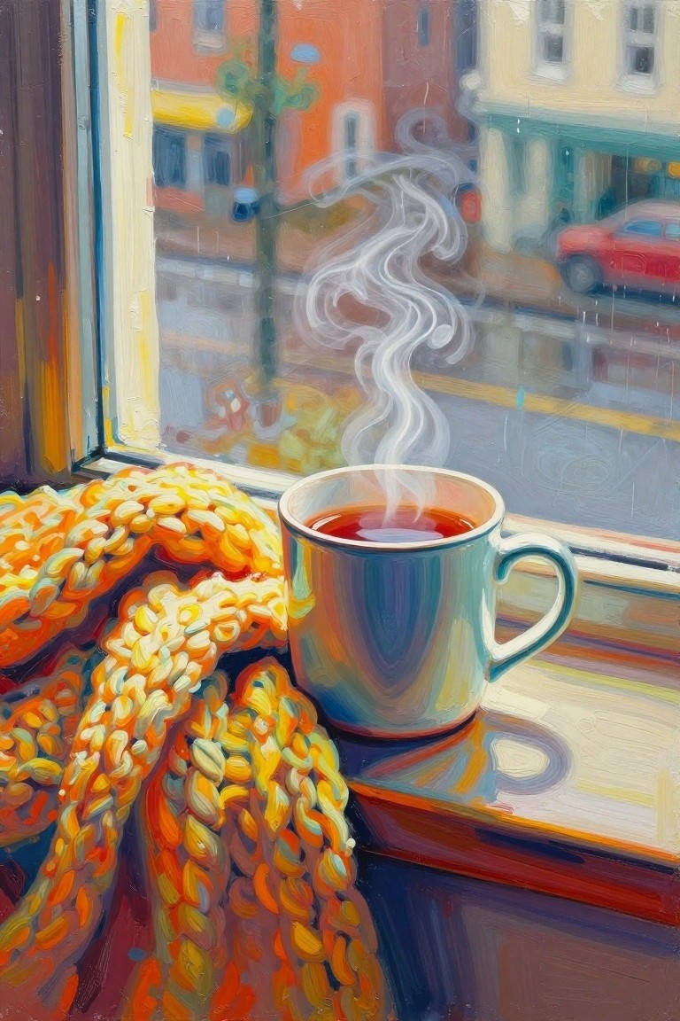 Steaming mug of tea beside orange knitted scarf on rainy city windowsill