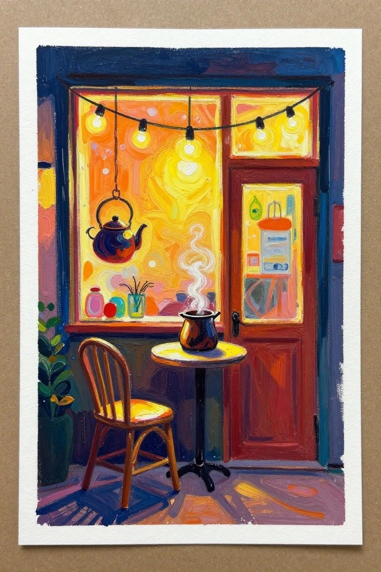 Vibrant painting of cozy cafe with hanging kettle, steaming pot, string lights.