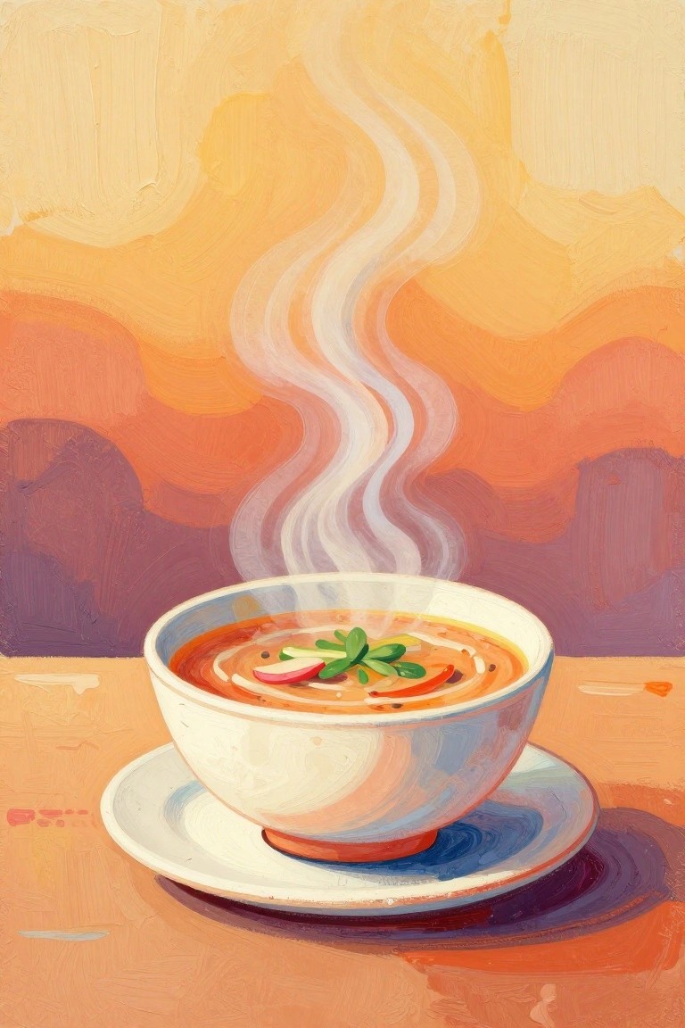 A painting of a white bowl of orange soup with green and red garnishes on a plate, steam rising against an abstract orange and purple background.