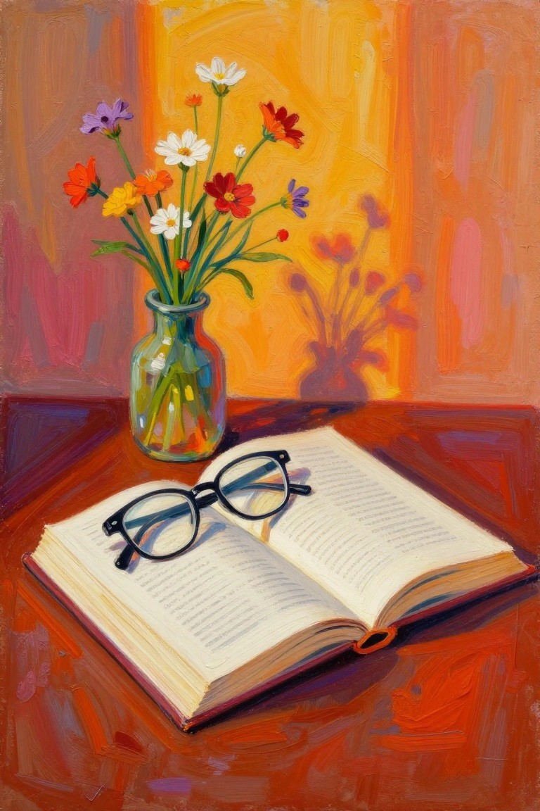 Open book with glasses beside colorful flower vase on wooden table, oil painting style