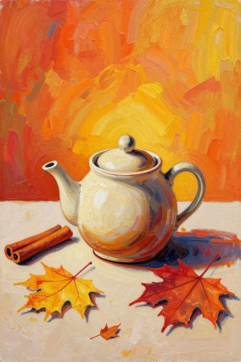 Vibrant still life painting of white teapot with autumn maple leaves and cinnamon sticks