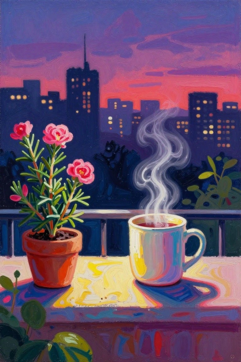 Vibrant painting of steaming mug and potted pink flowers overlooking city skyline at sunset.