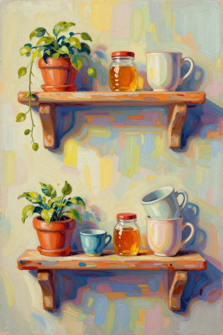 Two wooden shelves with potted plants, honey jars, and stacked mugs in vibrant hues.