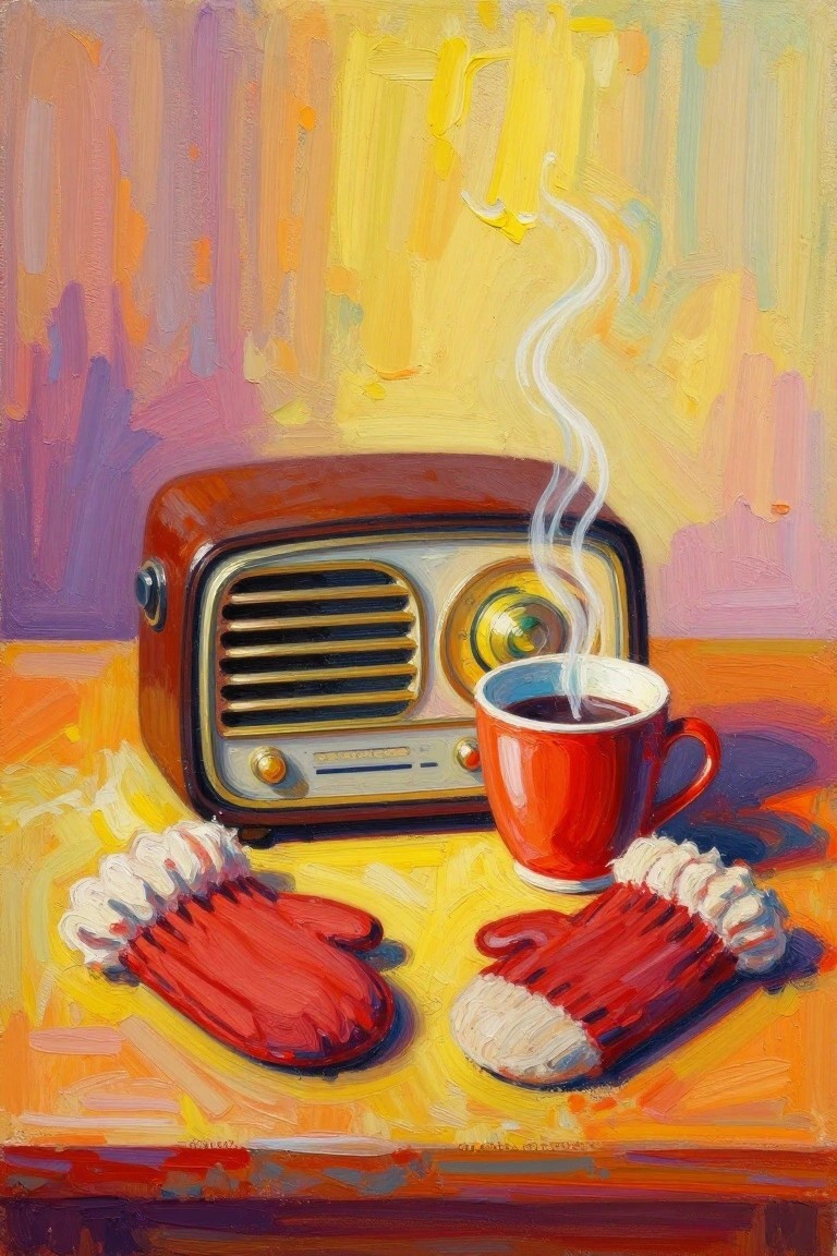 Steaming red mug, vintage radio, and fuzzy red mittens on colorful table