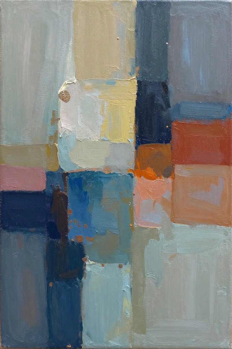 An abstract acrylic painting made of overlapping rectangular blocks in blue, gray, beige, orange, and pink with visible brushstrokes and texture.