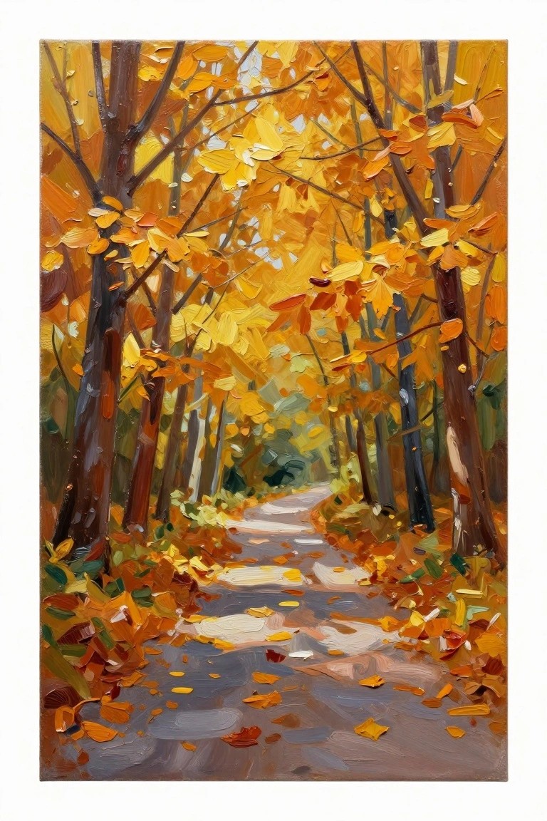 Impressionistic oil painting of golden autumn trees lining a leaf-covered forest path