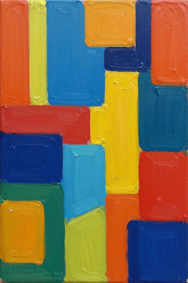 Abstract painting of overlapping colorful rectangles with thick brushstrokes in red blue yellow
