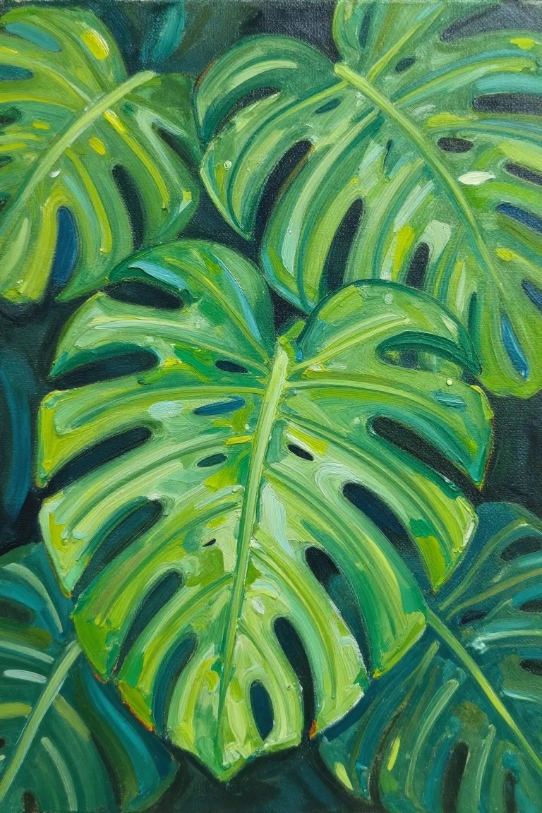 Close-up acrylic painting of overlapping green monstera leaves with holes against a dark background.