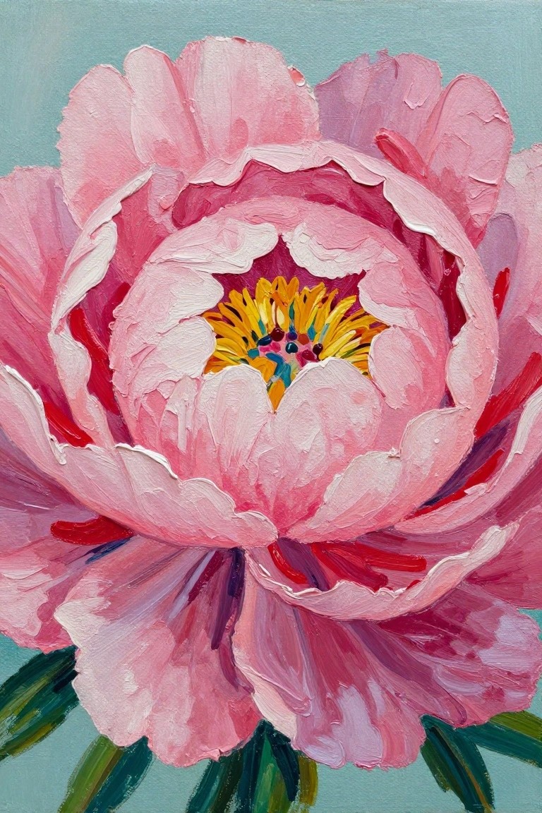 Thickly textured pink peony with yellow-blue center on light teal background