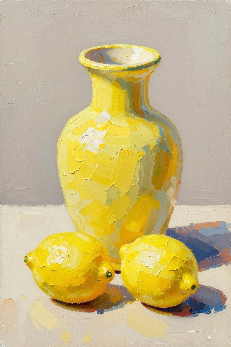 Yellow vase and two lemons painted with thick brushstrokes on gray backdrop