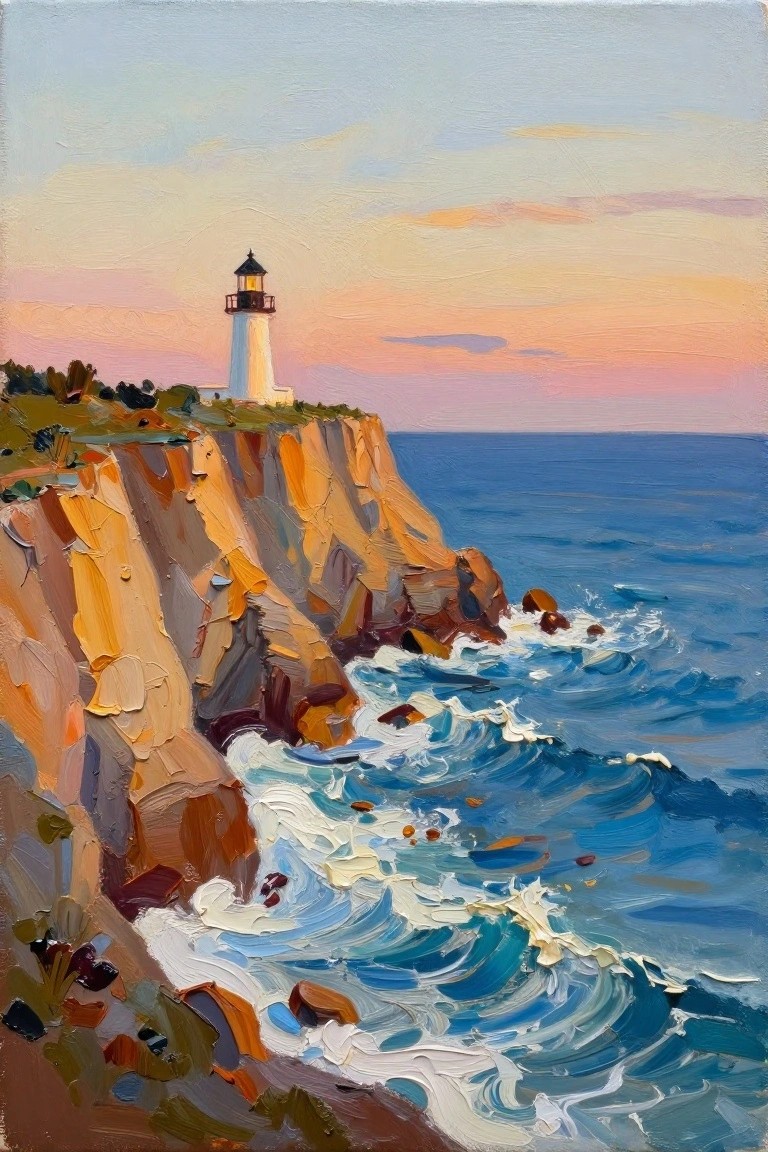 Oil painting of lighthouse atop orange cliffs with waves crashing into the sea at sunset.