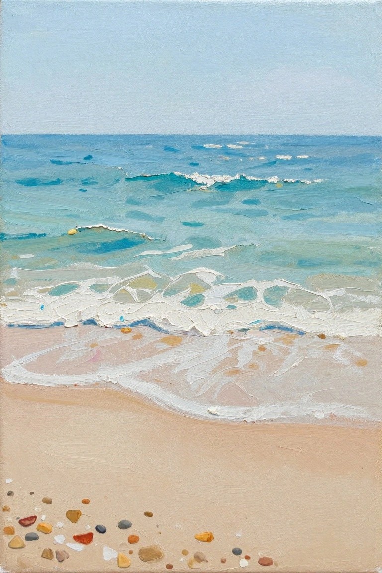 Oil painting of turquoise waves with white foam washing onto pebbled sandy beach under blue sky.