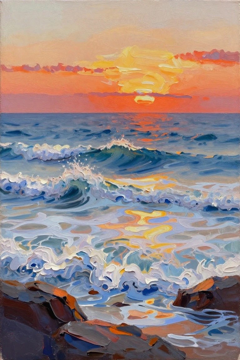 Vibrant sunset over crashing waves with orange sky reflecting on blue ocean near rocks