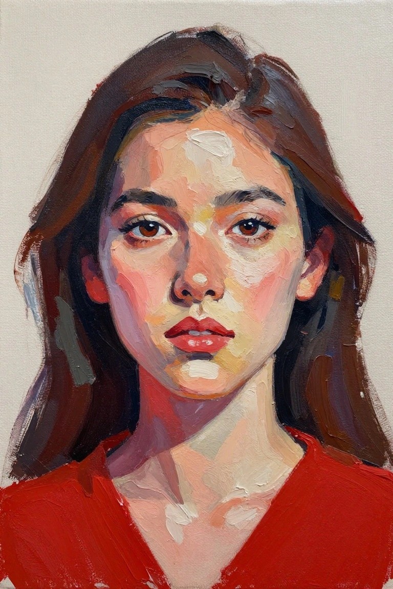 Oil painting of a young woman with dark hair wearing a red top.