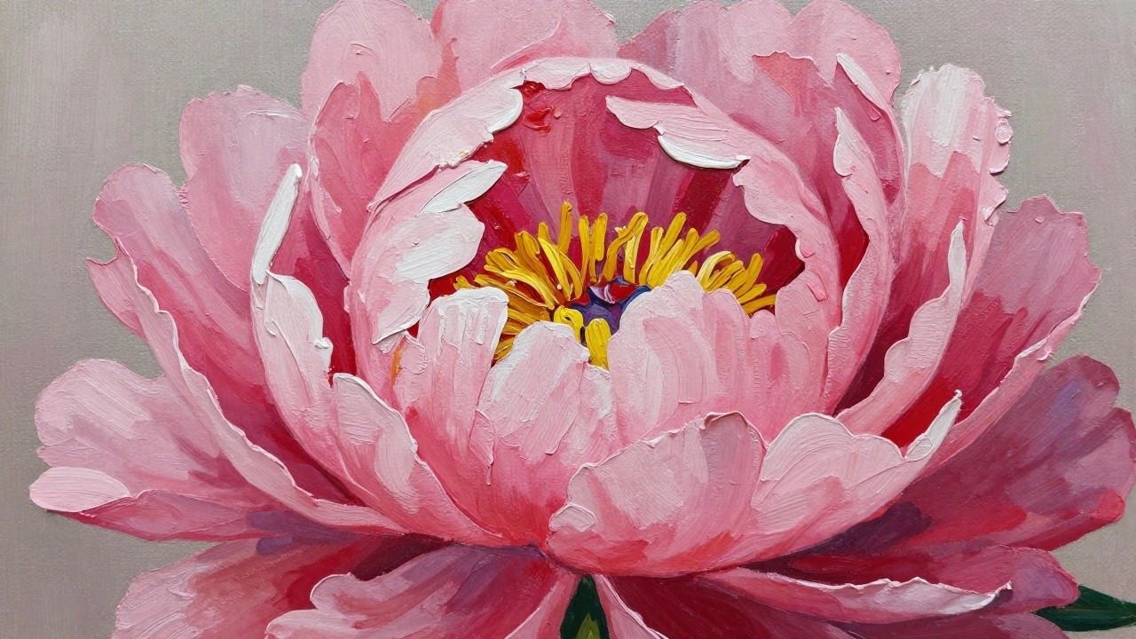 Thickly textured pink peony with yellow-blue center on light teal background