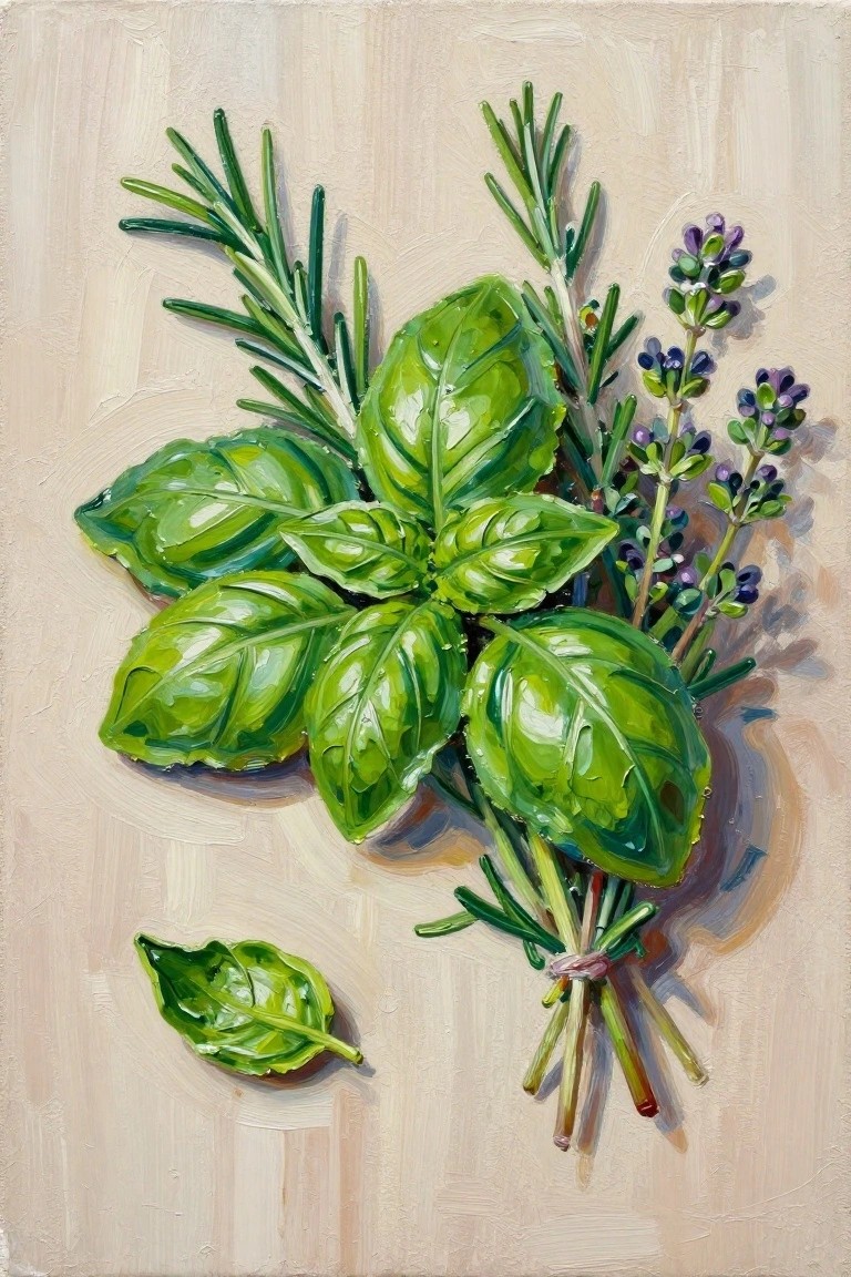 Fresh basil leaves, rosemary sprigs, and lavender tied in a bundle