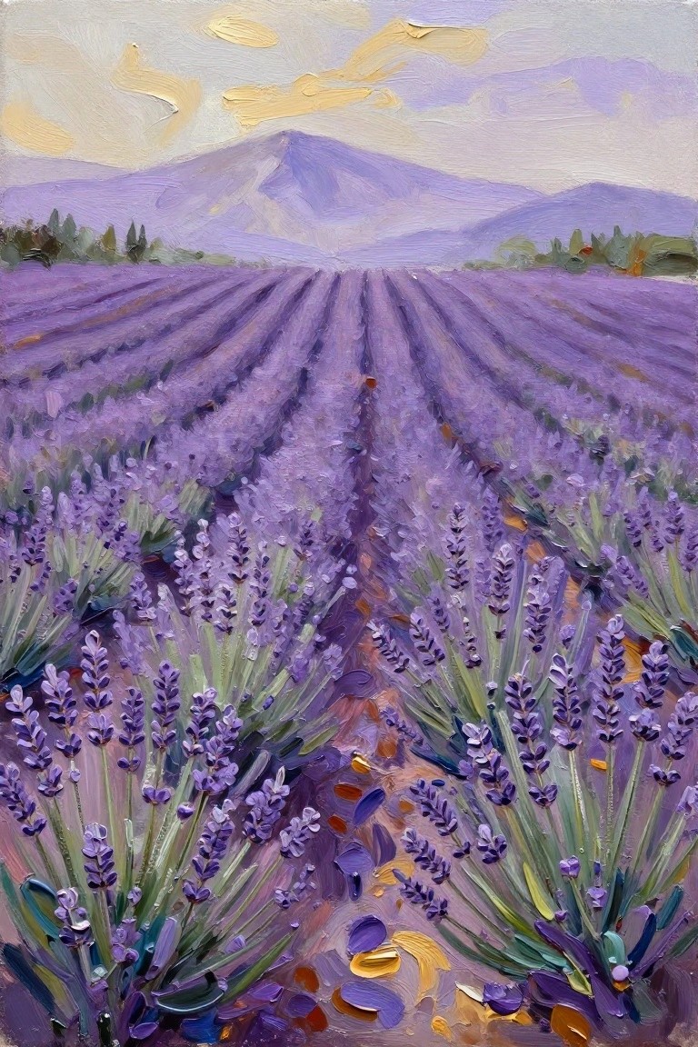Vibrant oil painting of lavender rows leading to purple mountains under soft sky