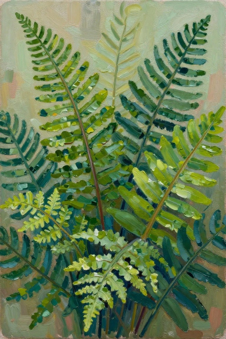 Dense green fern fronds with thick textured brushstrokes in soft light