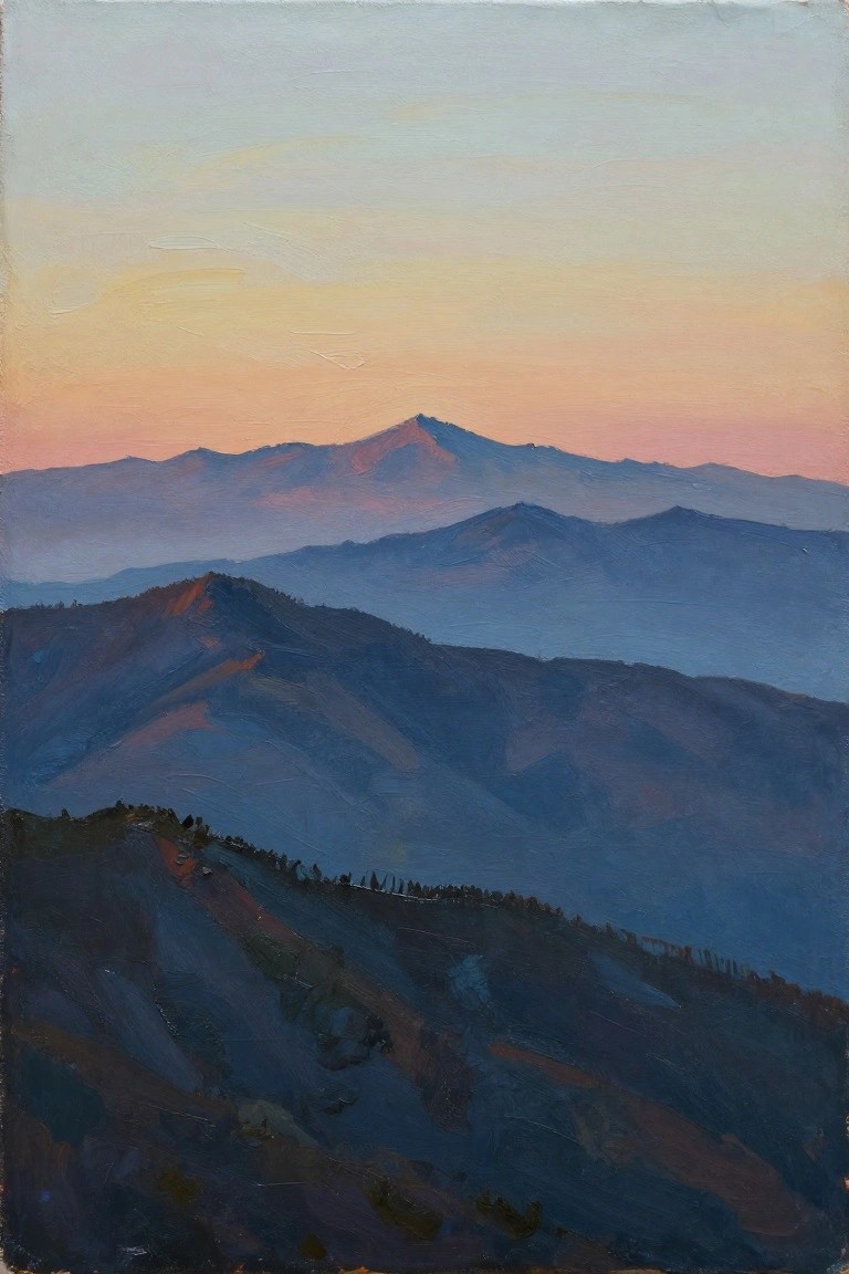 Layered blue mountains beneath a glowing pink and orange sunset sky