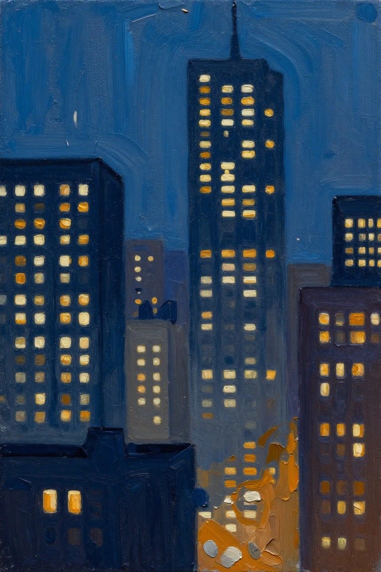 Nighttime abstract painting of glowing skyscrapers against deep blue sky