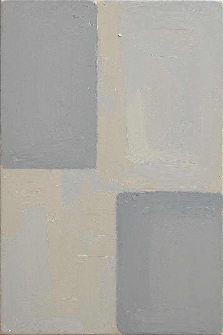 Abstract painting of overlapping rectangles in muted grays and beige tones